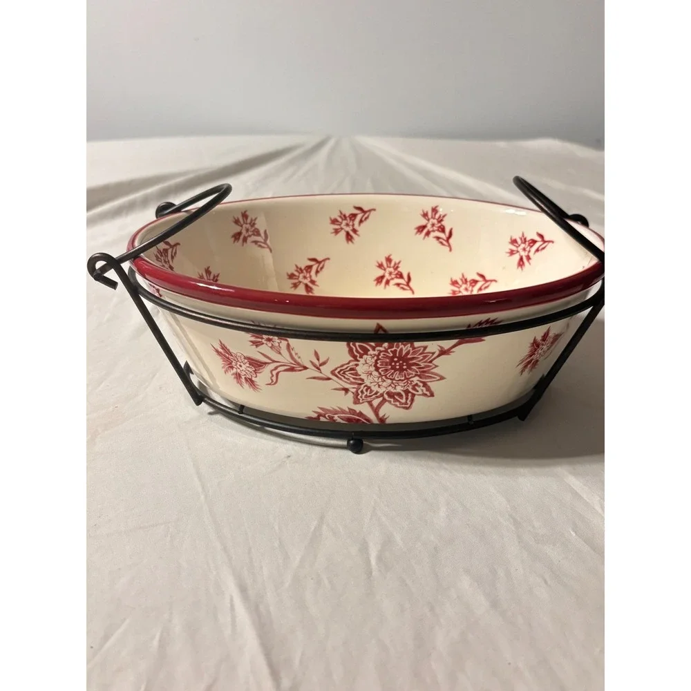 Temp-tations Floral Lace Oval Baker Set Red Cream Ceramic 2pc with Wire Racks EX